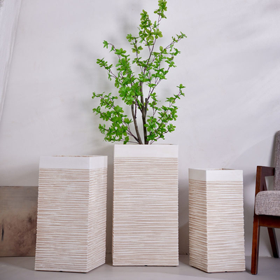 comprar plantación de arcilla de fibra redonda beige neutral con patrón de rayas verticales ligero duradero de bajo mantenimiento florero de vacaciones Villa hotel centro comercial proyecto de jardín de jardinería online manufacture