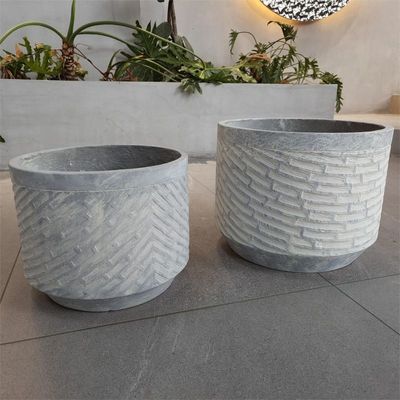 Superficie de textura única de fibra de arcilla de plantación resistente a la helada Pot de flores redonda con acabado mate / brillante