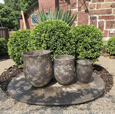 Botes de flores de fibra redonda de arcilla de época - artesanal - envejecido para jardín y decoración de patio