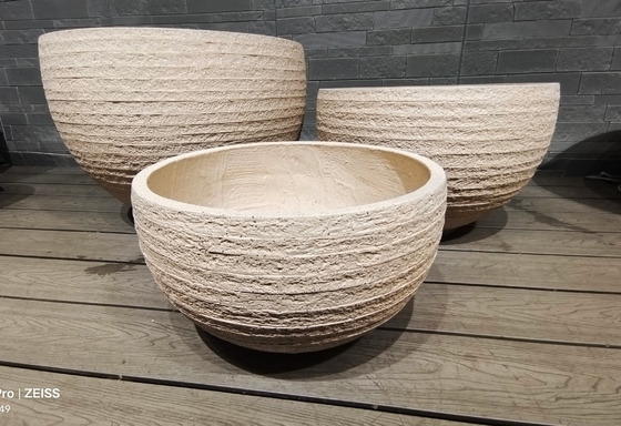 estilo rústico natural color beige claro rayado efecto en capas de fibra de arcilla plantación redonda de peso ligero duradero de bajo mantenimiento maceta de flores de vacaciones decoración de oficinas de la villa Proyecto de paisajismo de jardines en la azotea