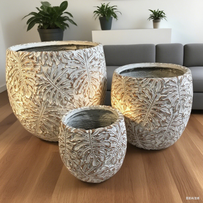 Planta de cemento de fibra redonda gris con un patrón de diseño de hojas monstera de peso ligero duradero de bajo mantenimiento florero vacaciones Villa decoración de oficinas Proyecto de jardines de jardinería en el techo
